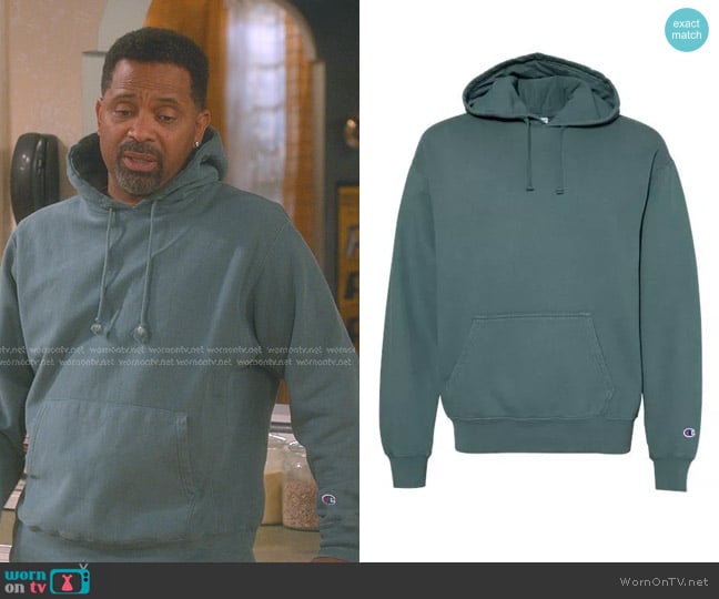 Champion Reverse Weave Hoodie in Slate Green worn by Bernard Upshaw (Mike Epps) on The Upshaws