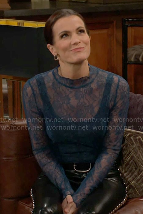 Chelsea’s teal lace top and studded leather pants on The Young and the Restless