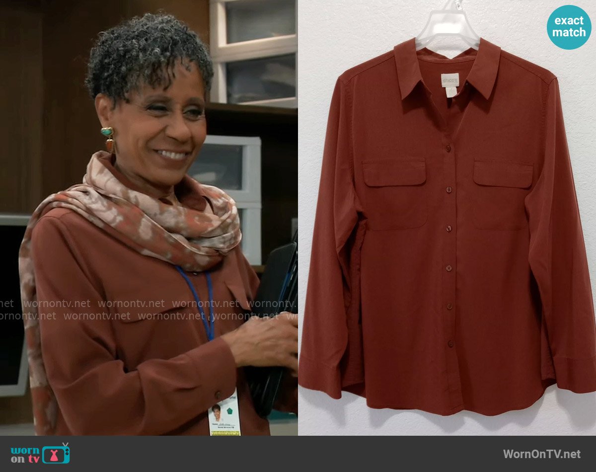 Chicos Button Down Shirt in Deep Burnt Orange worn by Stella Henry (Vernee Watson) on General Hospital