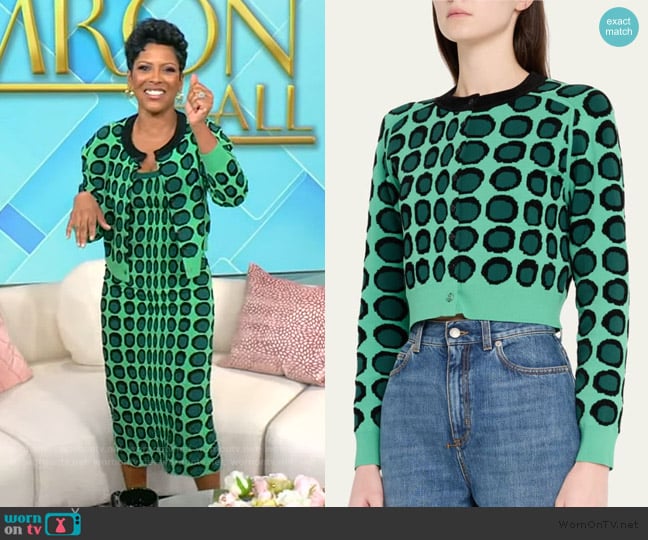 Christopher John Rogers Wiggle Dot Jacquard Cropped Knit Cardigan worn by Tamron Hall on Tamron Hall Show