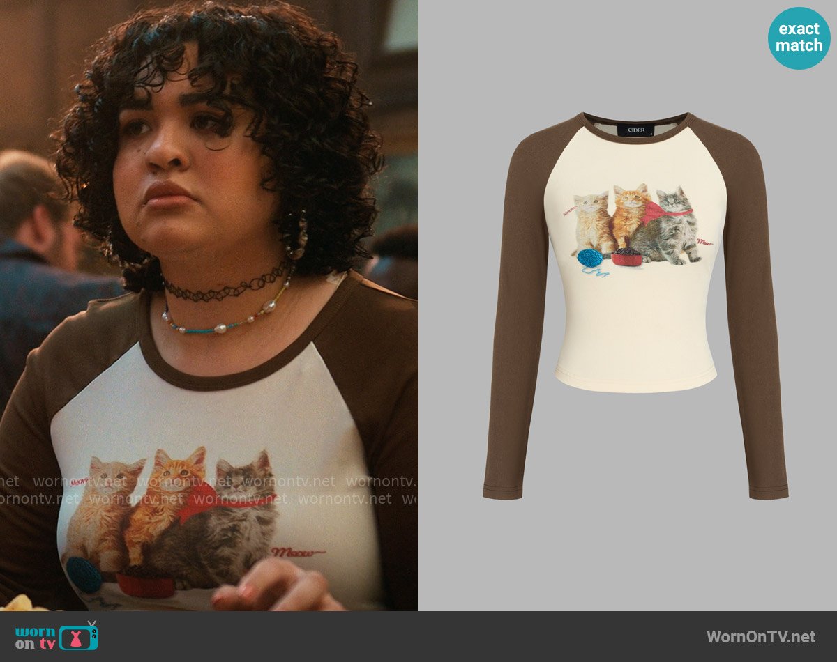 Cider Rib Raglan Cat Long Sleeve Tee worn by Lila Flores (Ilia Isorelýs Paulino) on The Sex Lives of College Girls