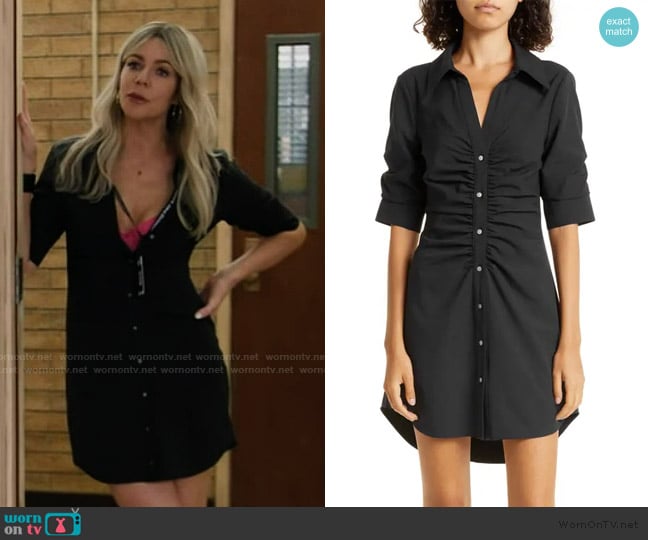 Dee’s black button front ruched dress on Abbott Elementary