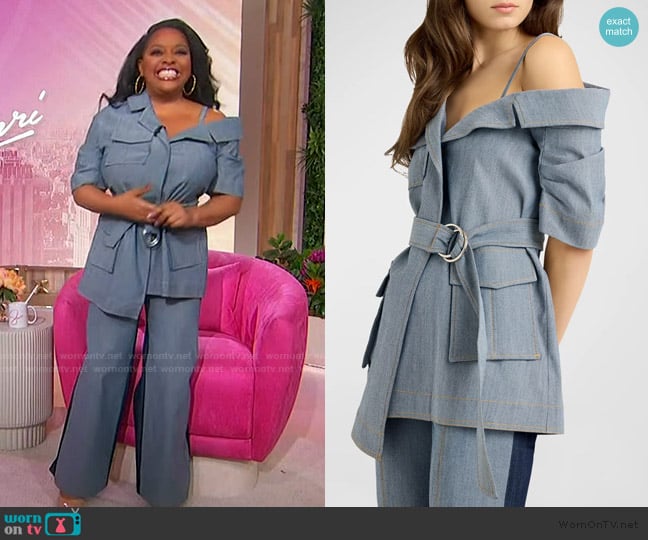 Cinq a Sept Katie One-Shoulder Belted Denim Jacket worn by Sherri Shepherd on Sherri