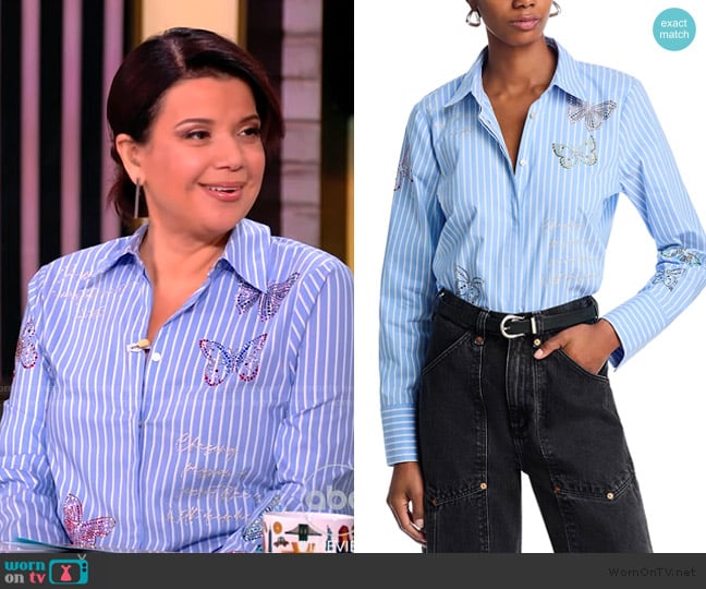 Cinq a Sept Lisa Beaded Butterfly Stripe Cotton Blend Button-Up Shirt worn by Ana Navarro on The View