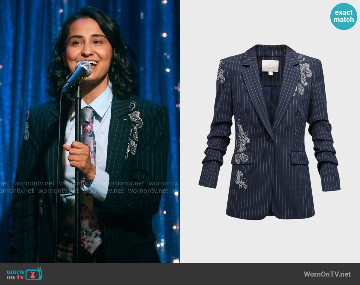 Cinq a Sept Paisley Pinstripe Khloe Rhinestone Blazer worn by Bela Malhotra (Amrit Kaur) on The Sex Lives of College Girls