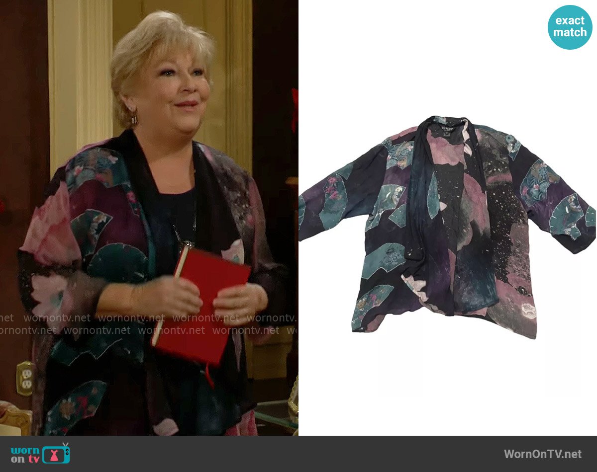 Citron Silk Water Lillies Open Front Sheer Cardigan worn by Traci Abbott (Beth Maitland) on The Young and the Restless