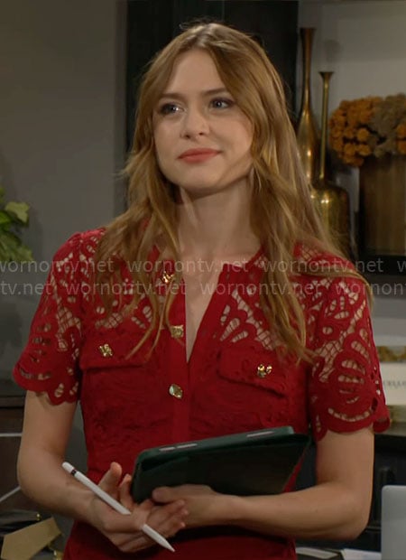 Claire's red lace button front dress on The Young and the Restless