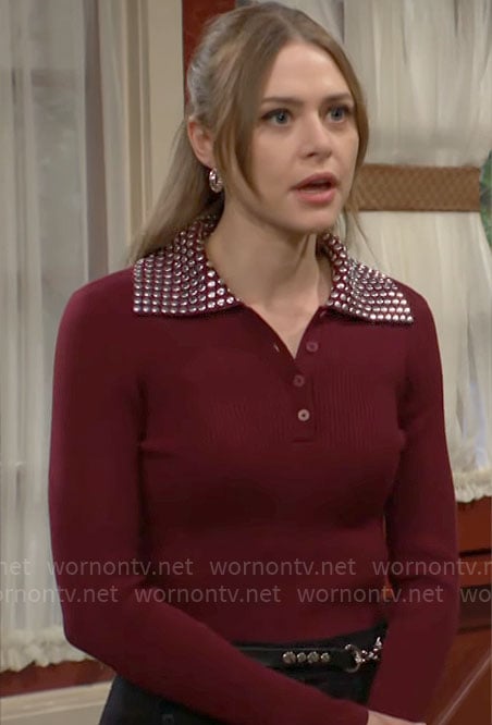 Claire’s burgundy top with studded collar on The Young and the Restless