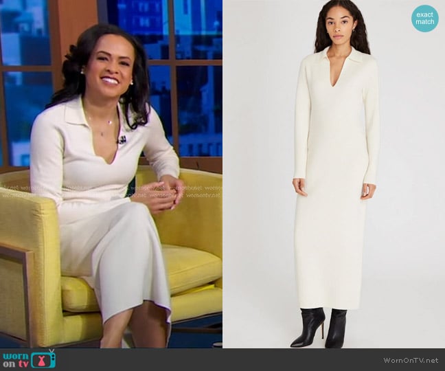 Club Monaco Cashmere Blend Open Collar Maxi Dress in Ivory worn by Linsey Davis on Good Morning America