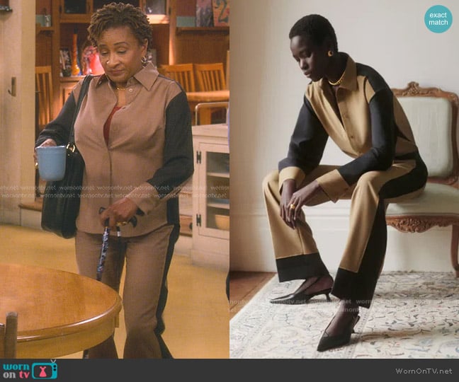 Cos Deconstructed Colour-Block Wool Shirt and Trousers worn by Lucretia Turner (Wanda Sykes) on The Upshaws