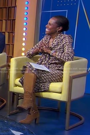 Deborah’s brown print tie neck dress and boots on Good Morning America