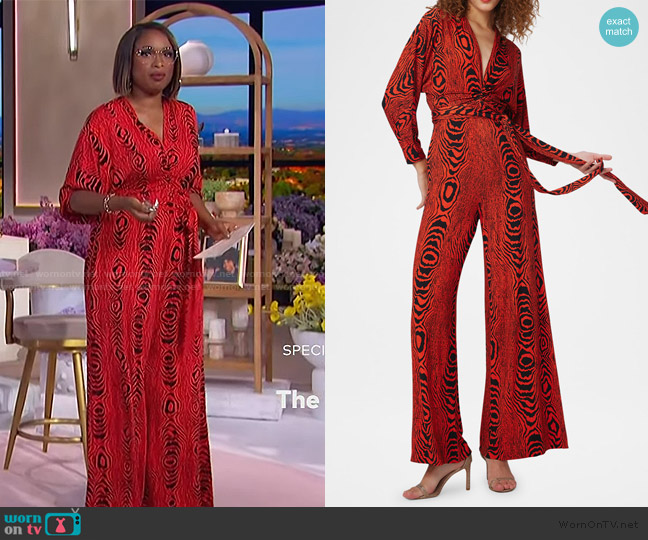 Diane von Furstenberg Aurelia Wide-Leg Deep V-Neck Jumpsuit worn by Jennifer Hudson on The Jennifer Hudson Show