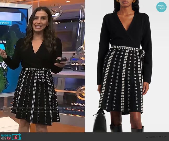 Angie Lassman’s black studded wrap dress on NBC News Daily