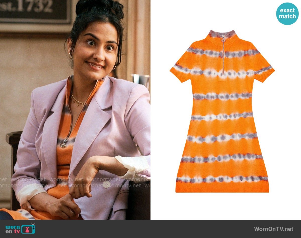 Bela’s orange tie dye dress on The Sex Lives of College Girls