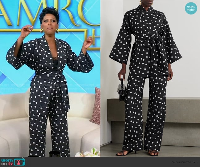 Dima Ayad Belted polka-dot textured-crepe jacket worn by Tamron Hall on Tamron Hall Show