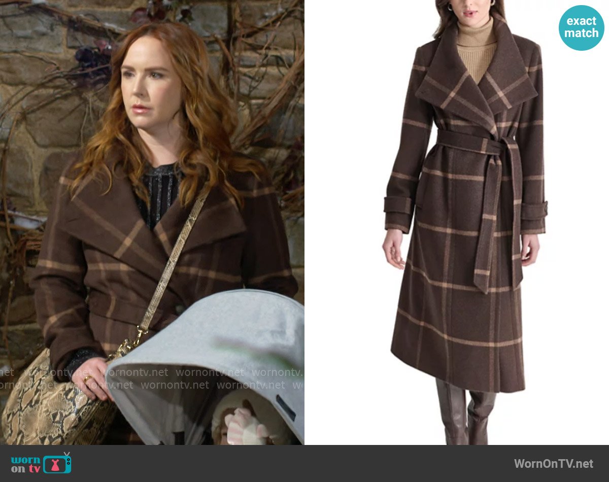 DKNY Belted Wing-Collar Maxi Coat in Bitter/Camel worn by Mariah Copeland (Camryn Grimes) on The Young and the Restless