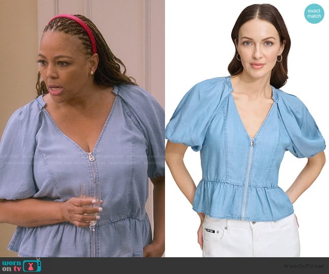 DKNY Zip-Front Puff-Sleeve Blouse worn by Regina Upshaw (Kim Fields) on The Upshaws