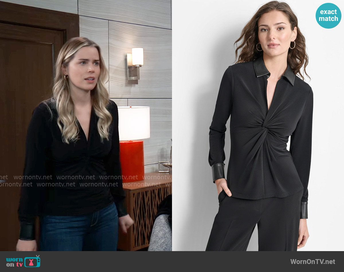 DKNY Knot-Front Faux-Leather-Trimmed Collared Top worn by Sasha Gilmore (Sofia Mattsson) on General Hospital