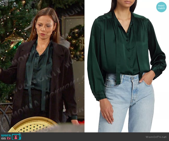 Doen Judith Silk Tieneck Blouse in Alpine Green worn by Ava Vitali (Tamara Braun ) on Days of our Lives