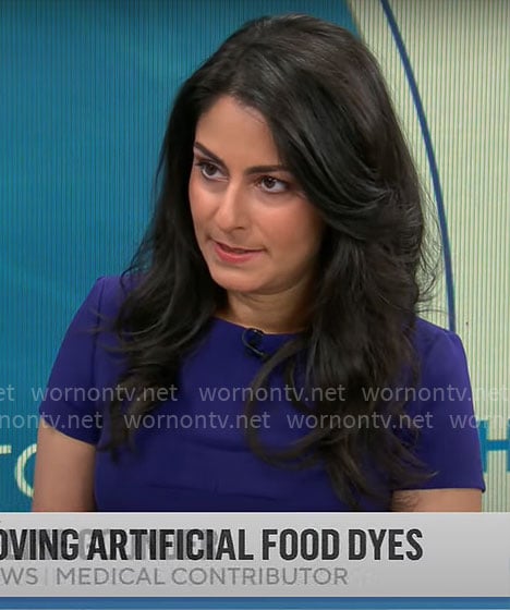 Dr. Celine Gounder's purple short sleeve dress on CBS Mornings