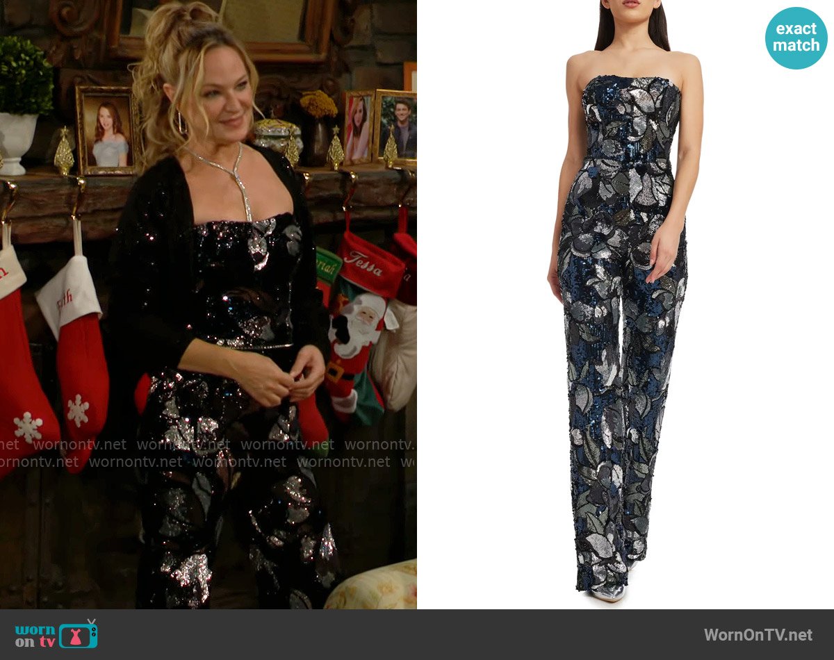 Dress the Population Andy Sequin Strapless Jumpsuit in Navy Multi worn by Sharon Newman (Sharon Case) on The Young and the Restless