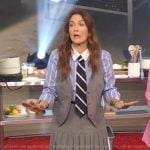 Drew’s blue stripe shirt and pleated skirt on The Drew Barrymore Show