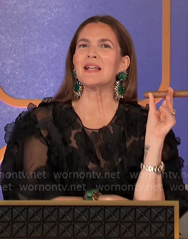 Drew Barrymore's black sheer floral applique top on Hollywood Squares