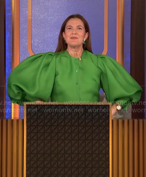 Drew Barrymore's green balloon sleeve top on Hollywood Squares