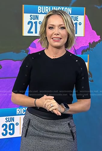 Dylan's black button sleeve top and leather trim mini skirt on Today