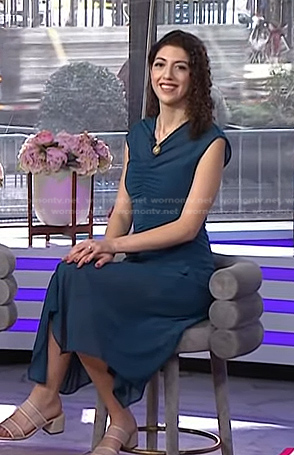 Elena Nicolaou’s teal blue ruched dress on Today