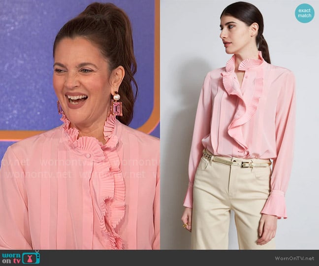 Elie Tahari Pleated Silk Shirt worn by Drew Barrymore on Hollywood Squares