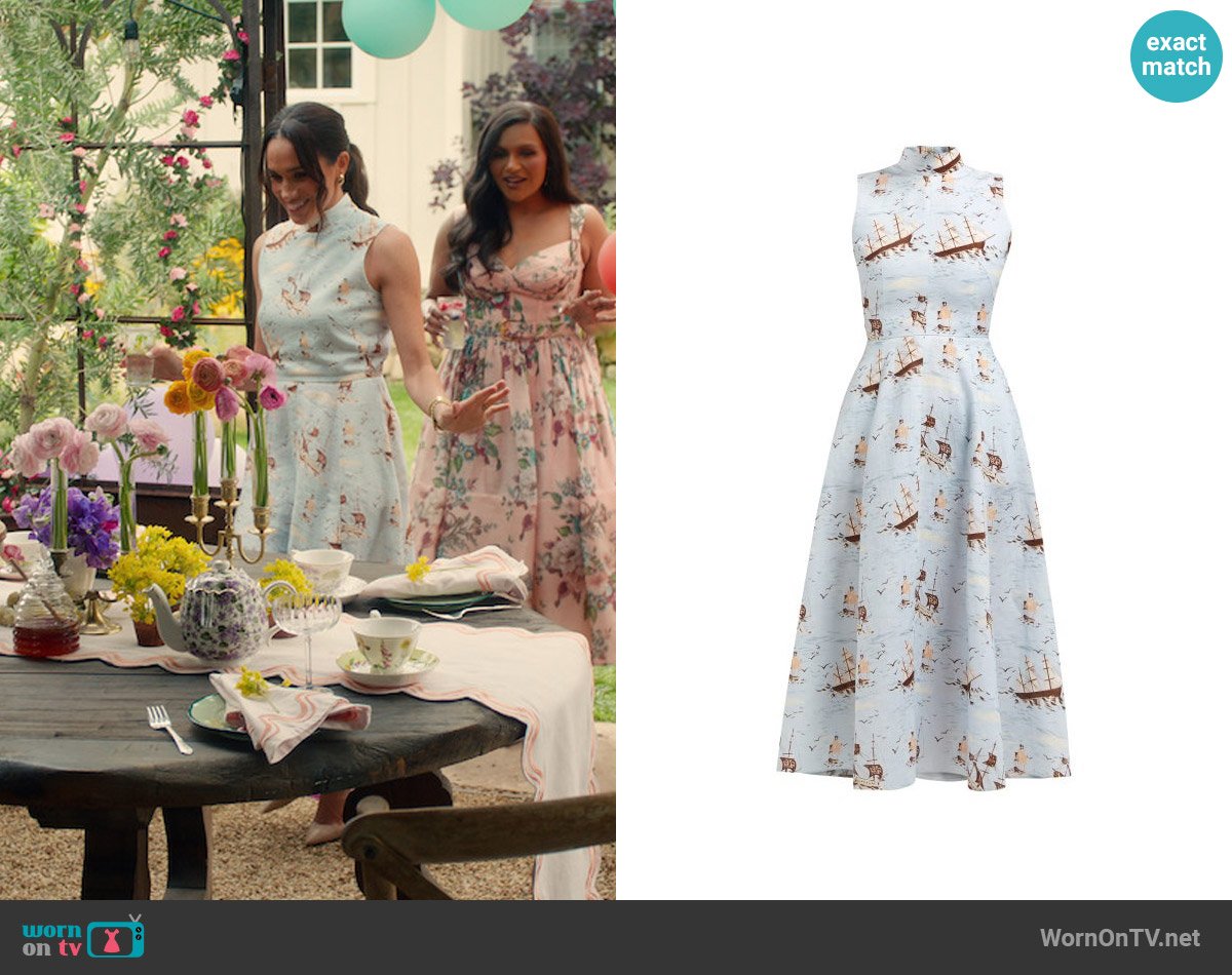 Emilia Wickstead Sheila Ship-print Midi Dress worn by Meghan Markle on With Love, Meghan