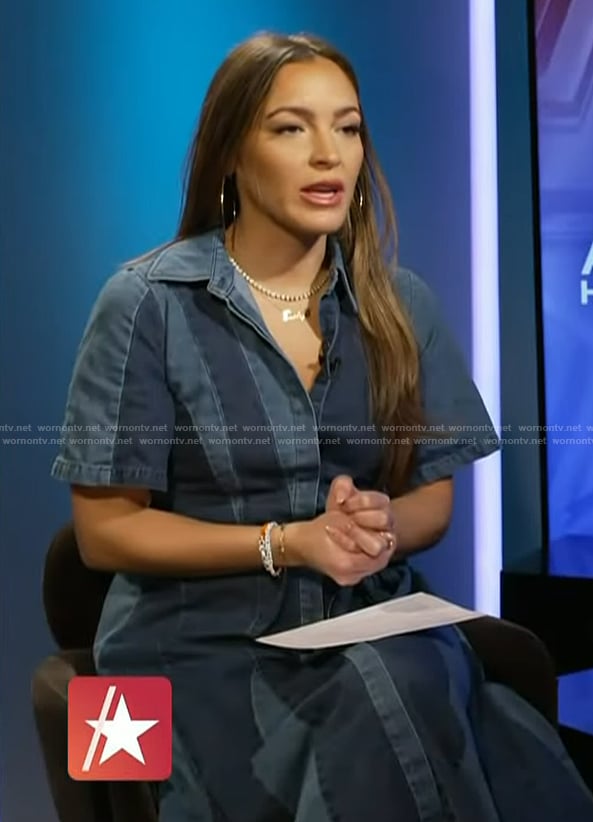 Emily Orozco’s patchwork denim dress on Access Hollywood