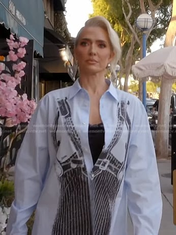 Erika's blue print shirt on The Real Housewives of Beverly Hills