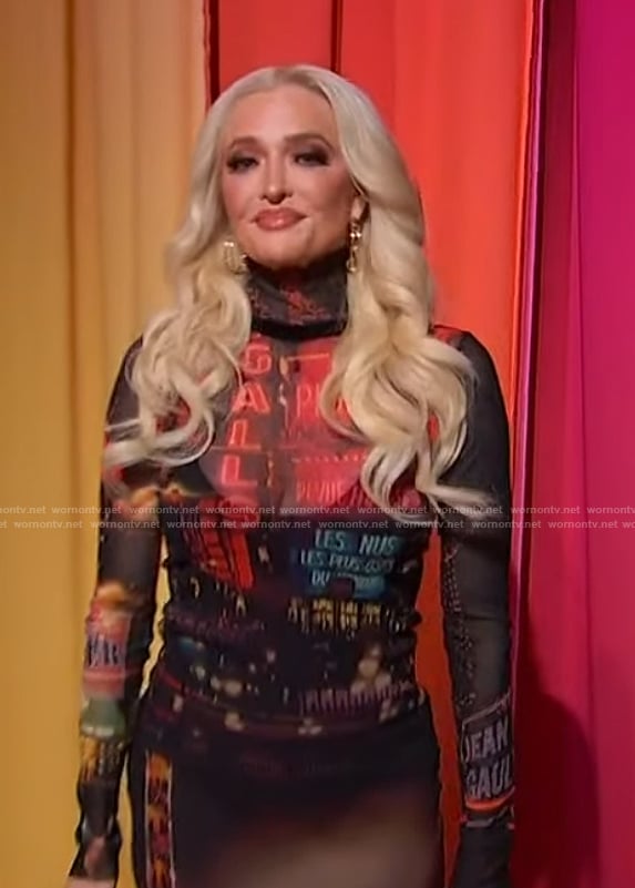 Erika Jayne’s black printed mesh top and skirt on Sherri