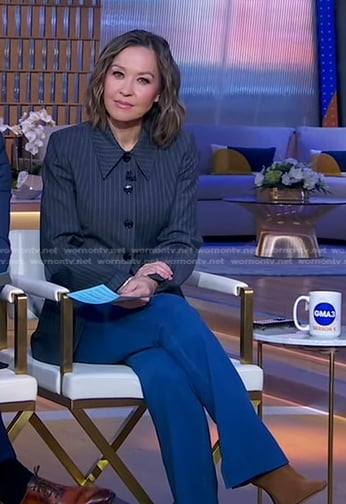 Eva's grey pinstripe blazer and blue pants on Good Morning America