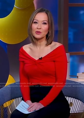 Eva's red long sleeve off-shoulder top on Good Morning America