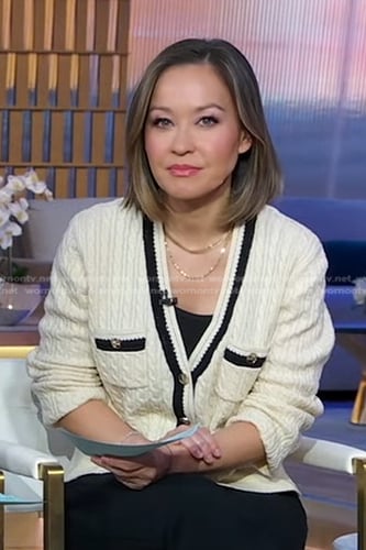 Eva’s white cable knit cardigan on Good Morning America