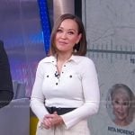 Eva’s white polo top and ribbed knit zip skirt on Good Morning America