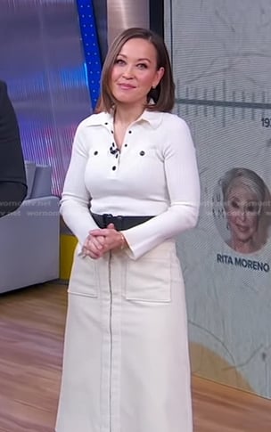 Eva’s white polo top and ribbed knit zip skirt on Good Morning America