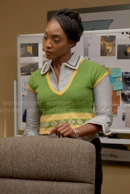 Faith's embroidered shirt and green knit vest on Will Trent