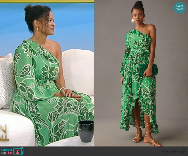 Farm Rio x Anthropologie Printed One-Shoulder Ruffle Dress worn by Ch-a Mosley on Tamron Hall Show