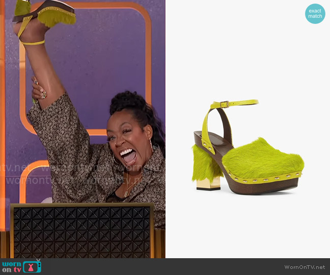 Fendi Pony Hair Clogs worn by Tichina Arnold on Hollywood Squares