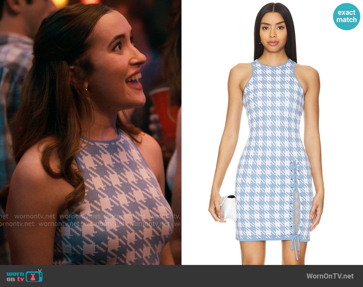 Kacey’s blue houndstooth mini dress on The Sex Lives of College Girls