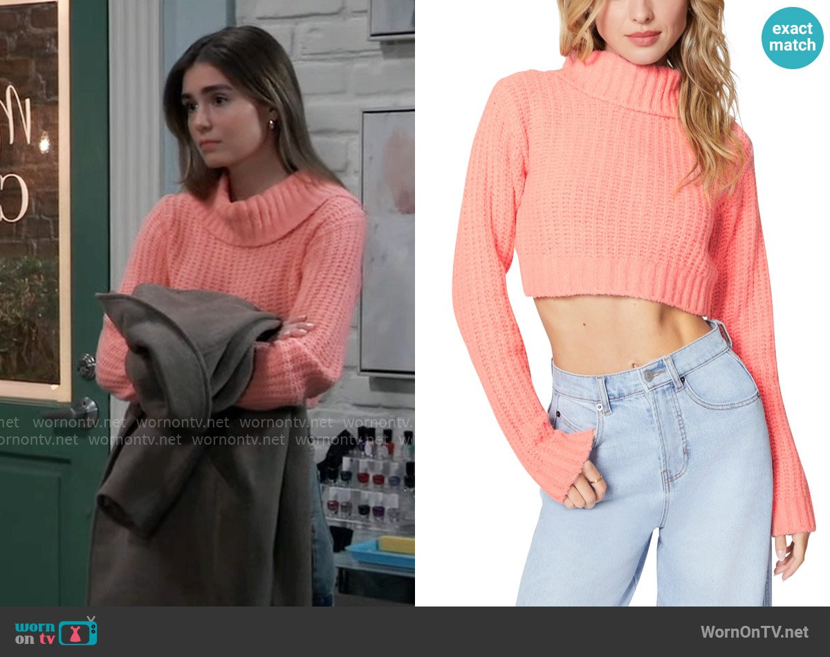 Florence by Mills Crop Turtleneck Sweater in Strawberry Ice worn by  Emma Scorpio-Drake (Braedon Bruner) on General Hospital