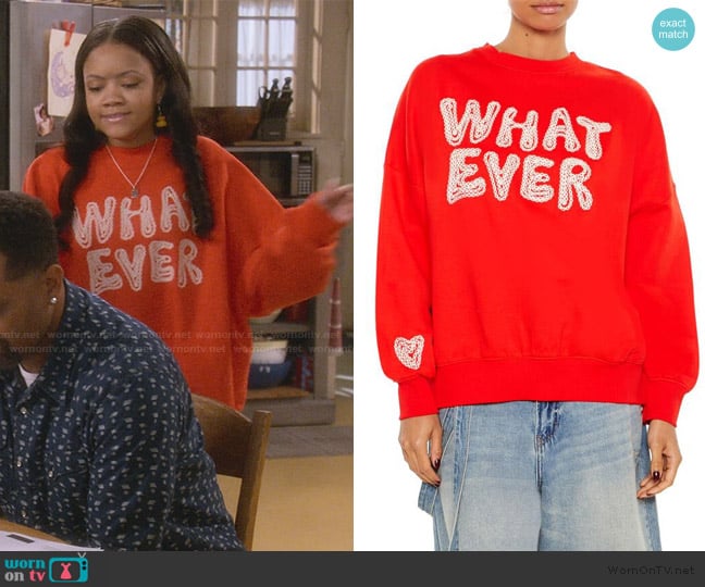 Aaliya’s red what ever print sweater on The Upshaws