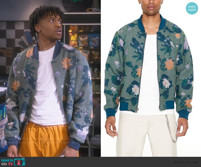 Forever 21 Jacquard Floral Print Bomber Jacket worn by Kelvin (Diamond Lyons) on The Upshaws