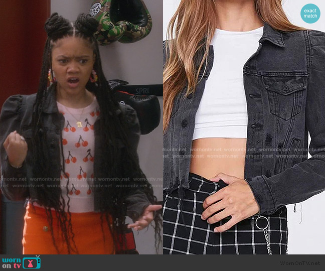 Forever 21 Puff Sleeve Denim Jacket worn by Aaliyah Upshaw (Khali Spraggins) on The Upshaws