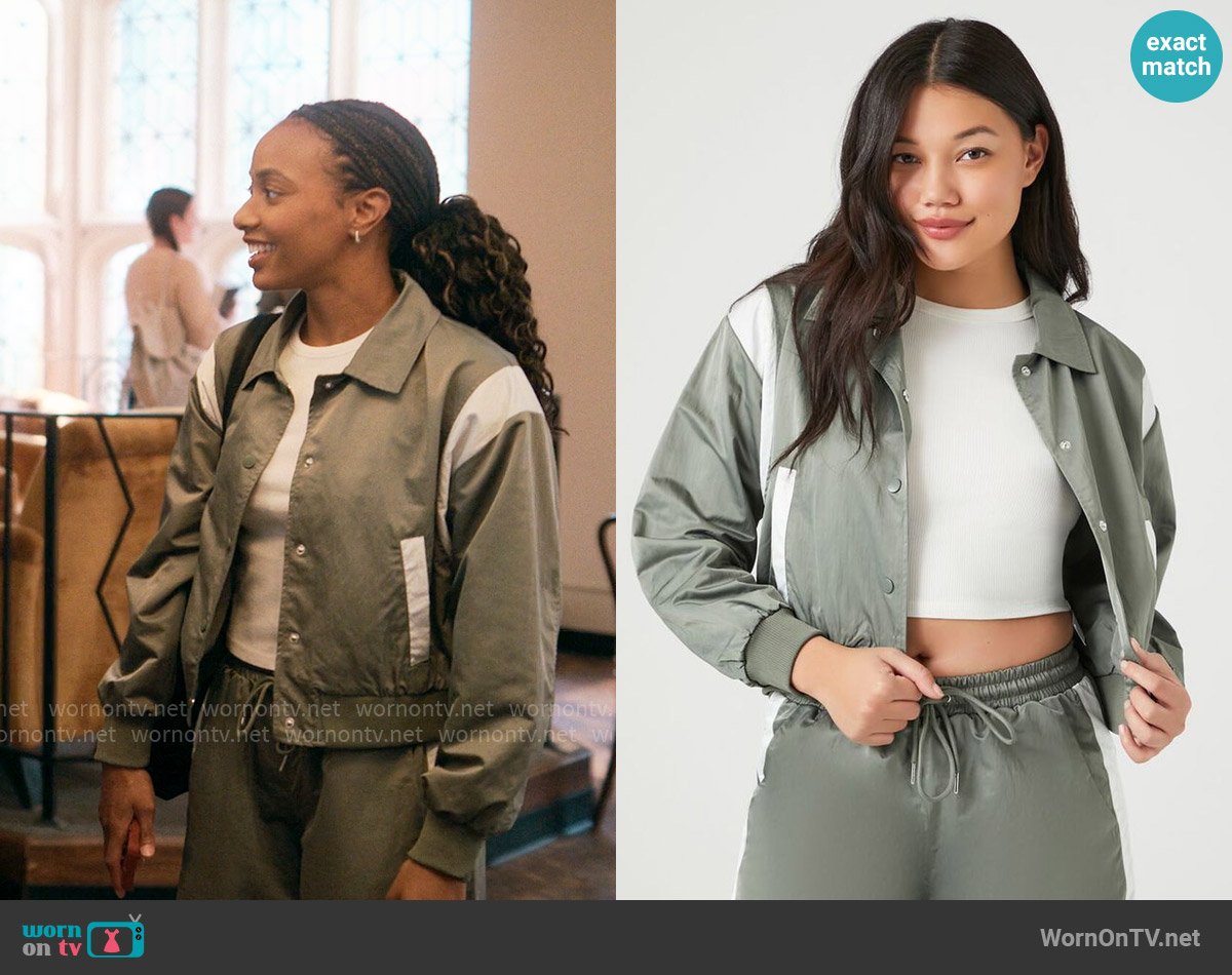 Forever 21 Side-Striped Cropped Bomber Jacket in Tea/White worn by Whitney Chase (Alyah Chanelle Scott) on The Sex Lives of College Girls