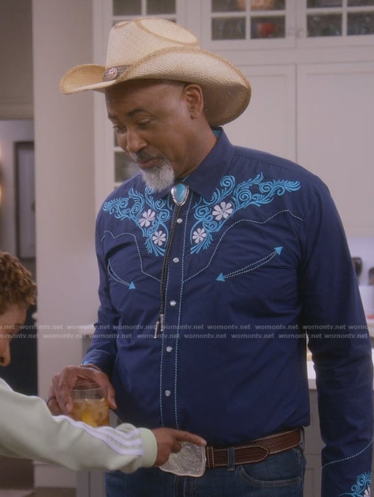 Frank's blue western embroidered shirt on The Upshaws